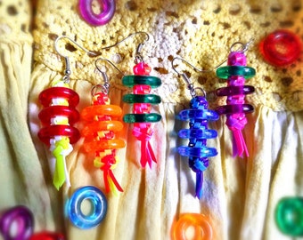 colorful Rexlace plastic lace lanyard earrings: fruity tooty loopies