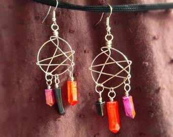 wire pentagram faux crystal dangle earrings