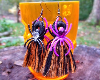 Halloween party favor earrings: bejeweled spider ring tassels