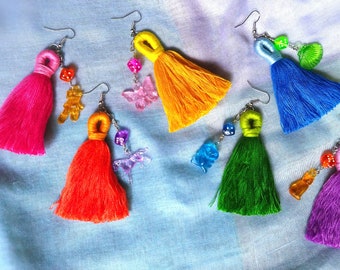 colorful dangle earrings: tassels and charms