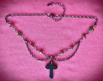 rosary collar gunmetal dark rainbow opalescent chain goth necklace cross pendant