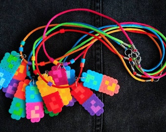 fused bead silk cord necklaces: colorful pixel pill pendants