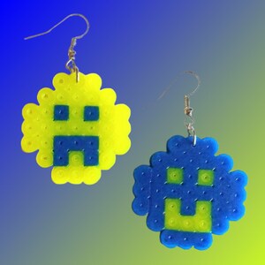 fused beads pixel art dangle earrings smile and frown neon yellow + blue