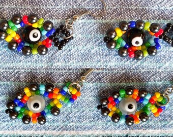 seed bead rainbow evil eye dangle earrings