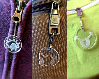 zipper pull pals, clear laser-cut and etched acrylic backpack jacket purse accessories