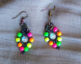 seed bead neon dark rainbow frosted opalescent eye dangle earrings