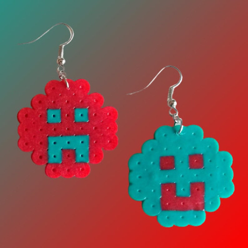 fused beads pixel art dangle earrings smile and frown red + teal
