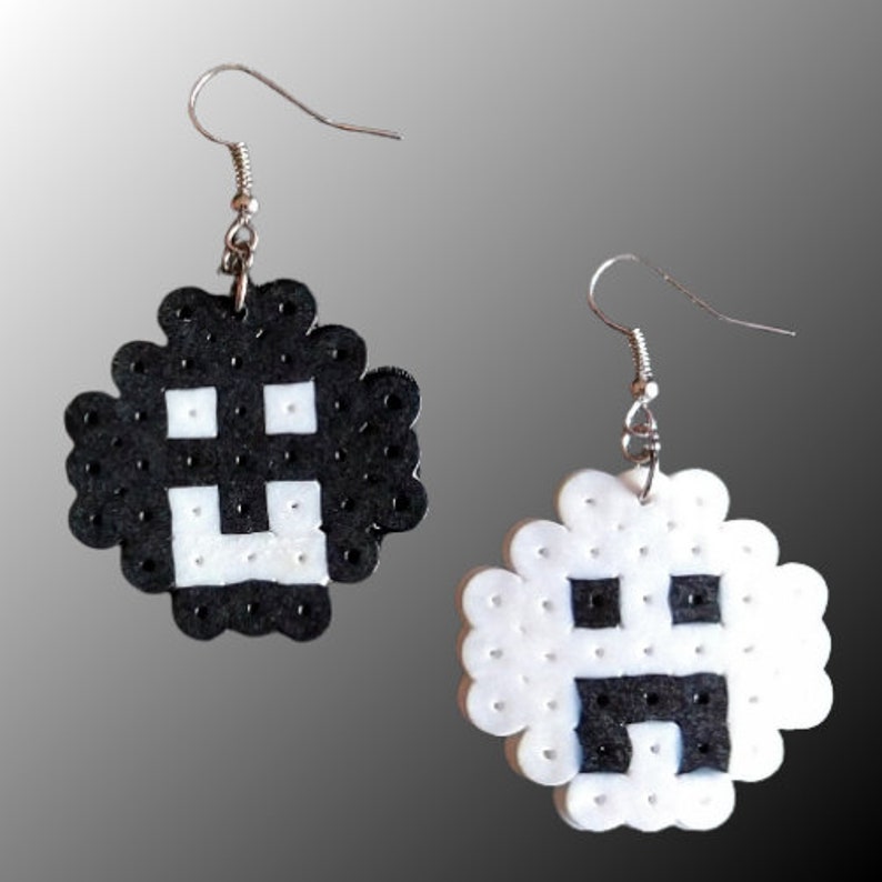 fused beads pixel art dangle earrings smile and frown black + white