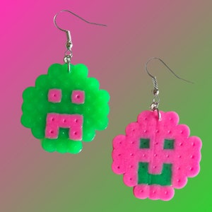 fused beads pixel art dangle earrings smile and frown green + fuchsia