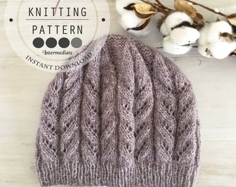 Lace Beanie KNITTING PATTERN, Knit Slouchy Hat, (in English) PDF Download
