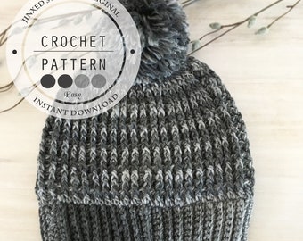 Crochet Hat PATTERN, Ribbed Crochet Beanie Pattern, Crochet Pom Pom Hat, Crochet Chunky Rib Hat Pattern