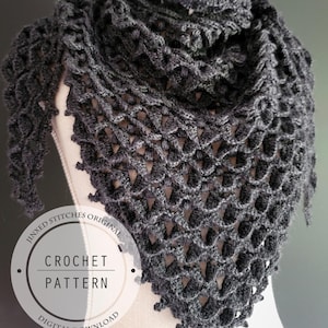 May include: A dark gray crocheted shawl with a lacy, openwork design. The shawl is draped over a mannequin and features a scalloped edge. The image includes a circular graphic with the text "Jinxed Stitches Original Crochet Pattern Digital Download."
