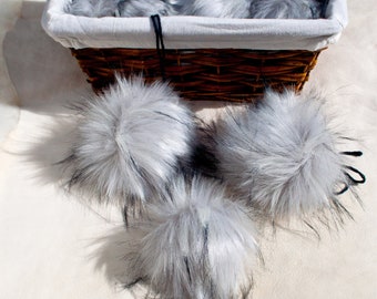 Luxury Faux Fur Pom Pom, Fake Fur poms, Silver pom pom with Black Tips, Hat Topper - 3 sizes