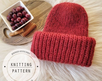 Chunky Mohair Beanie Knitting Pattern, Ribbed Hat, PDF Download