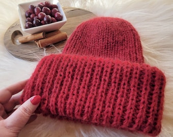 Chunky Mohair Beanie Knitting Pattern, Ribbed Hat, PDF