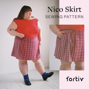 May include: A Nico Skirt sewing pattern by Fortiv featuring a red and white plaid skirt with a drawstring waist and side pockets. The design includes a wrap-style front panel and a gathered waistband. The text reads Nico Skirt SEWING PATTERN fortiv.