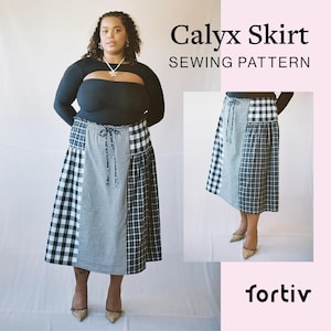 May include: A sewing pattern for a Calyx Skirt. The skirt is a midi length and features a patchwork design with black and white gingham, black and white check, and a solid black fabric. The pattern is available for download from the website fortiv.com.