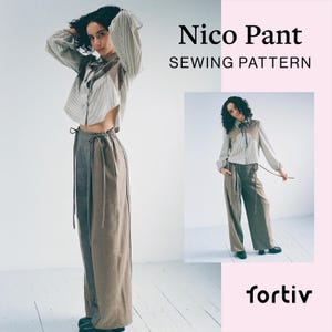 May include: A sewing pattern for Nico Pants by Fortiv. The image displays wide-leg trousers in two-tone brown and gray fabric with a drawstring waist. The text reads Nico Pant SEWING PATTERN and the brand name fortiv in black lettering.