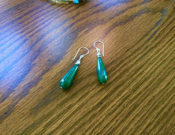 green jade/jade dangle earrings/Jade pearl enhancer/long teardrop natural jade color enhanced/gold filled enhancer/sterling silver ear wire