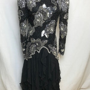 80's Oleg Cassini Couture Silver Sequin Beaded Silk Dress