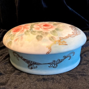 Art Nouveau hand-painted porcelain sewing, jewelry, or trinket box