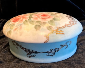 Art Nouveau hand-painted porcelain sewing, jewelry, or trinket box