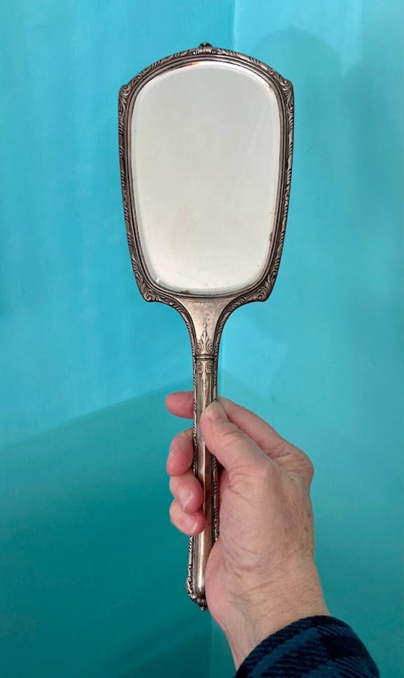 Antique Sterling silver hand mirror and hair brush image 5