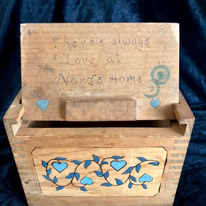 Handcrafted wooden dovetailed recipe or treasure box with blue accents