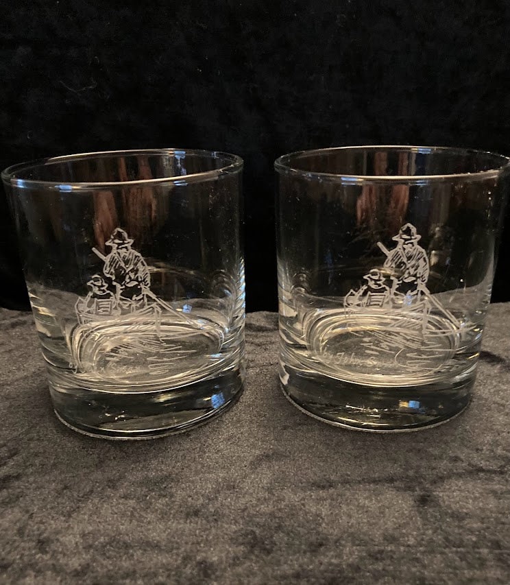 Set of Two Etched Whiskey Glasses With Fishing Theme, Signed by John Swan 
