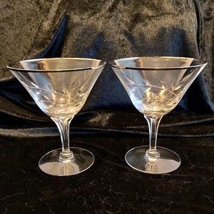 Two Fostoria etched crystal cocktail, champagne, or martini glasses with platinum rims