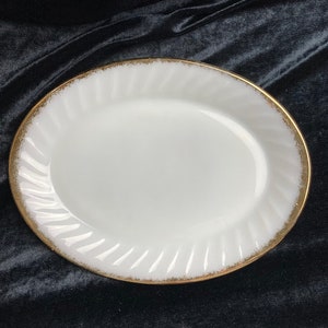 Mid-Century Fire King milk glass platter "Swirl Golden Anniversary"