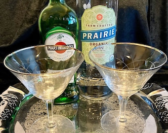 Zwei Fostoria Cocktail-, Champagner- oder Martini-Gläser aus geätztem Kristall mit Platinrand