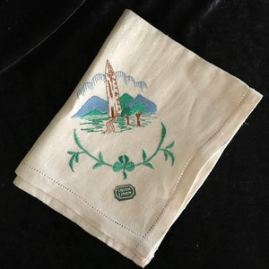 Unique Irish linen hand embroidered vintage towel with Round Tower of Ireland