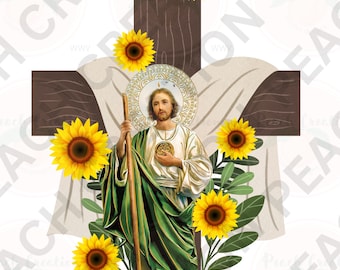 San Judas With Cross and Sunflowers, PNG File, Digital File, ready to download