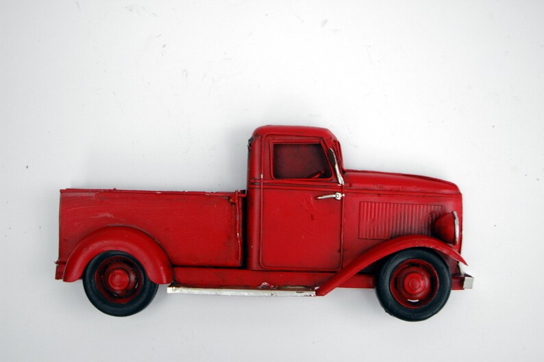 Vintage Red Metal Truck Wall Hanging Antique Chevy Pickup 1940s Rustic Model Replica