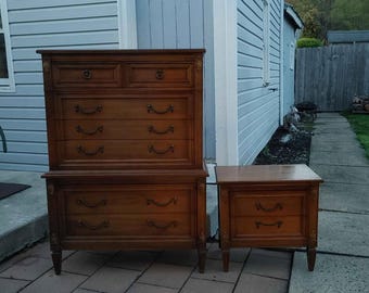 MCM Walnut Tall Bedroom Dresser Chest of Drawers with Nightstand.