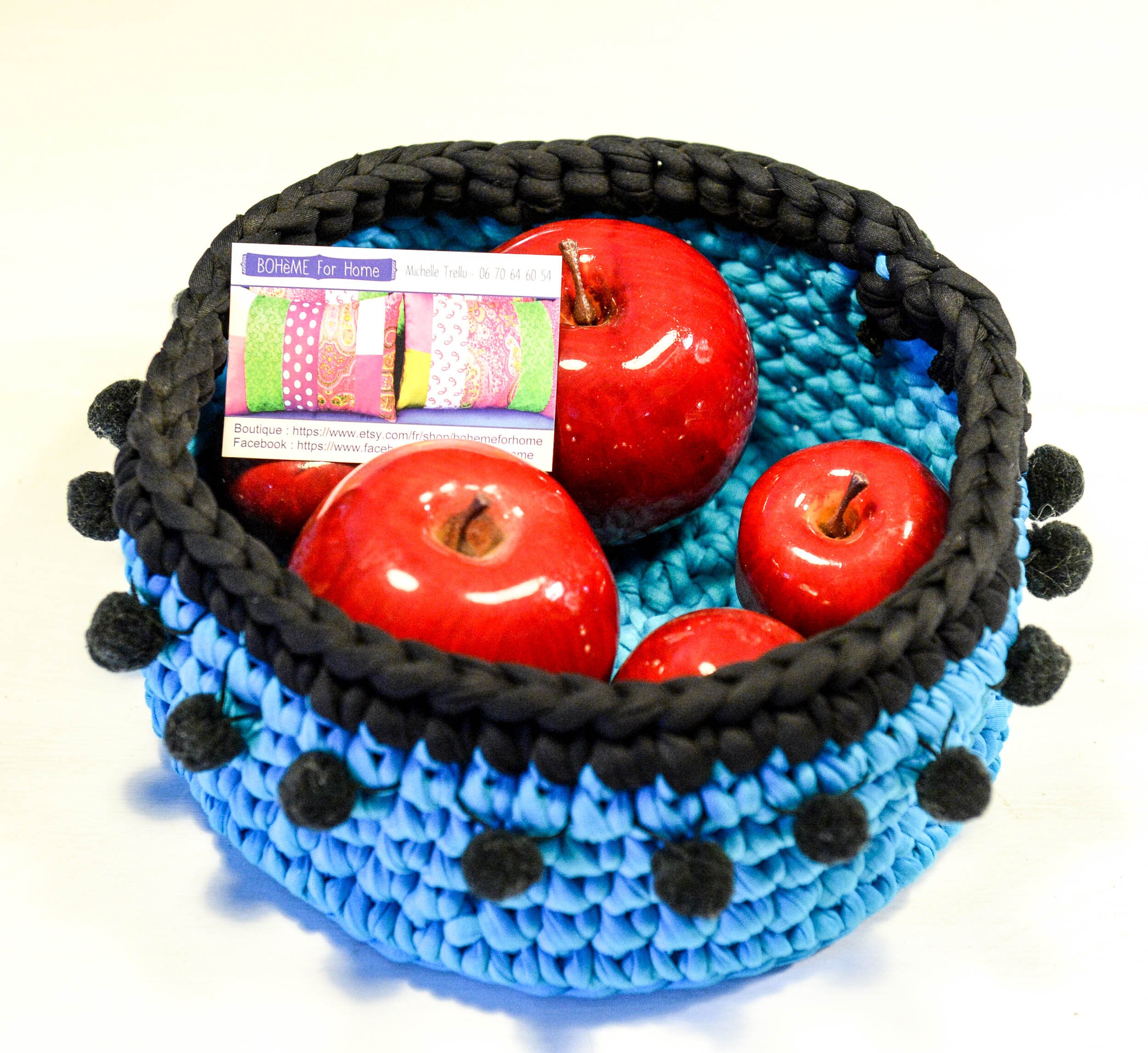 Grand Panier Corbeille Déco Bohème, Vide-Poches, Multli Rangement en Trapilho Tissu Recyclé,