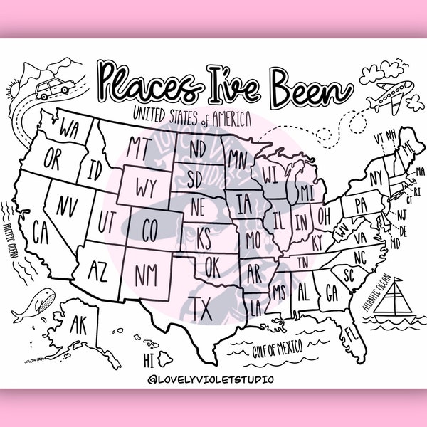 U.S. Map Coloring Page Digital Download, "Places I've Been" U.S. Map, Printable United States Road Trip Coloring Page