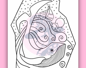 Whale and Ocean Coloring Page Digital Download, Printable Sea-life Illustration Paper Craft , Aquatic Themed Coloring Page
