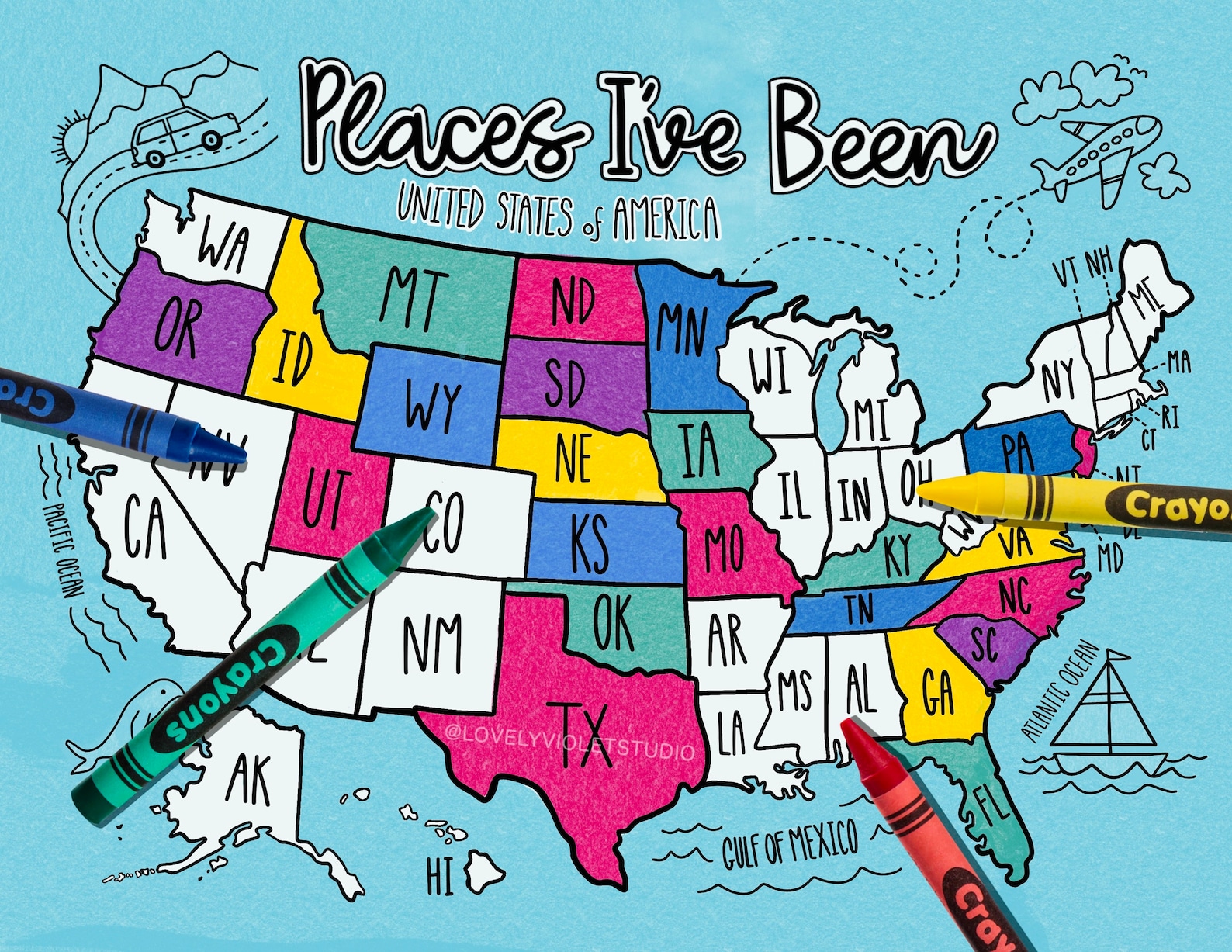 U.S. Map Coloring Page Digital Download, "places I've Been" U.S. Map