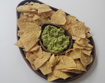 Avocado shaped walnut wood serving board; charcuterie; chips and dip; guacamole