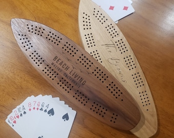 Personalized Engraved Vintage-Style Surfboard Wooden Cribbage Board, walnut, maple