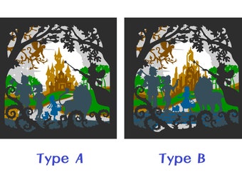 May include: Two silhouette designs, labeled "Type A" and "Type B", depict scenes from the Wizard of Oz. The designs feature characters, a castle, and a forest setting, all in shades of black, brown, green, and blue against a dark background.