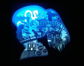 May include: A layered paper art piece illuminated with blue light, depicting a silhouette of a person's head filled with a detailed landscape. The scene includes a dragon, buildings, a bridge, and a train, all cut from paper.