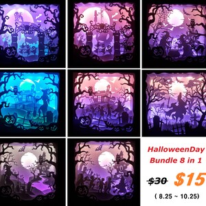 Könnte beinhalten: Eine Sammlung von acht Halloween-Themen-Papier-Schnitt-Leuchtkästen. Jede Box zeigt mehrschichtige Papier-Schnitt-Designs mit gruseligen Szenen, darunter Hexen, Spukhäuser und Kürbisse, beleuchtet mit farbigen LED-Lichtern. Der Text "HalloweenDay Bundle 8 in 1" ist sichtbar.