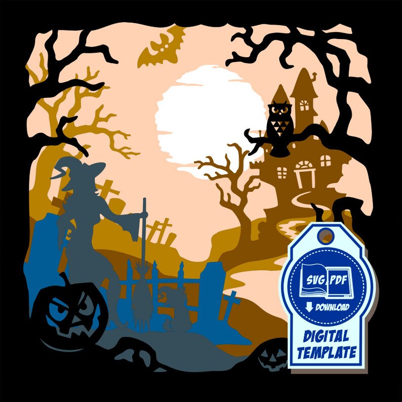 K&ouml;nnte beinhalten: Eine mehrschichtige digitale Vorlage mit einer Halloween-Szene. Das Design umfasst eine Hexe, einen K&uuml;rbis, ein Spukhaus und einen Friedhof, alles vor einem Vollmond. Die Farbpalette besteht aus Schwarz-, Braun-, Blau- und Pfirsicht&ouml;nen. Der Text "SVG PDF DOWNLOAD DIGITAL TEMPLATE" ist enthalten.
