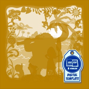 May include: A layered paper cut design in shades of gold depicts a tropical island scene with characters, palm trees, and a sun. The design includes the text "SVG PDF DOWNLOAD DIGITAL TEMPLATE" on a blue tag.