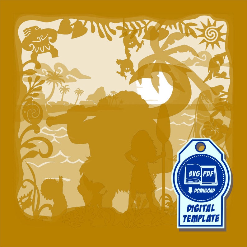 May include: A layered paper cut design in shades of gold depicts a tropical island scene with characters, palm trees, and a sun. The design includes the text "SVG PDF DOWNLOAD DIGITAL TEMPLATE" on a blue tag.