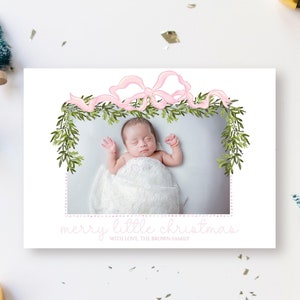 Merry Little Christmas Card - EDITABLE Template. Pink Ribbon Bow and Winter Garland. Customize For Christmas or Newborn Announcement