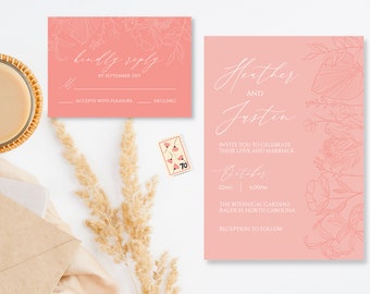 Boho Floral Outline Wedding Invitation, EDITABLE Template, Simple Elegant Coral Pink Customizable Invitation Templett